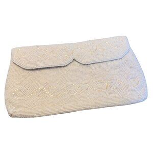 Vintage Dayne Taylor White Ivory Beaded Clutch Handmade in Japan Evening Bag